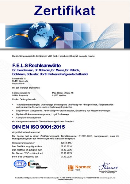 Normec VQZ Zertifikat ISO 9001 F.E.L.S. Rechtsanwälte